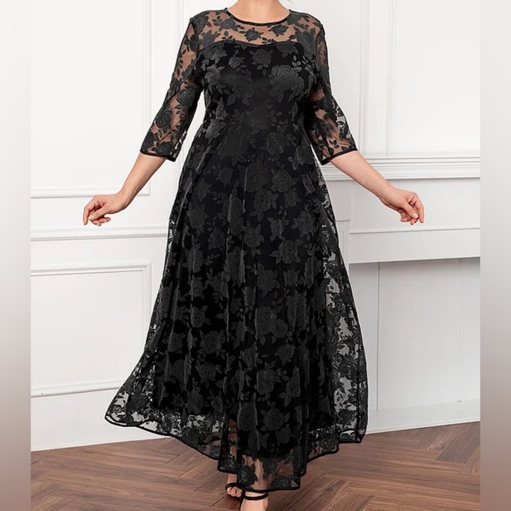 Black Velvet Embossed Mesh Overlay Evening Maxi Dress